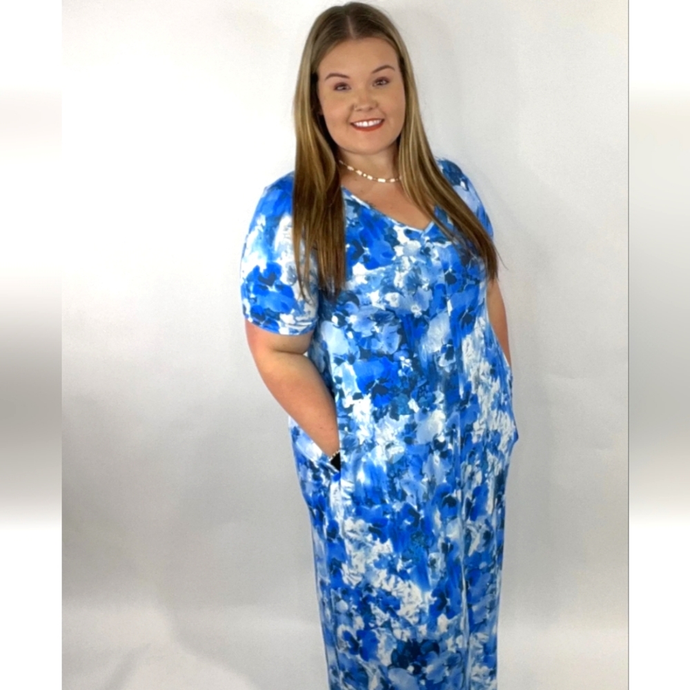 Blue and white floral maxi dress with pockets